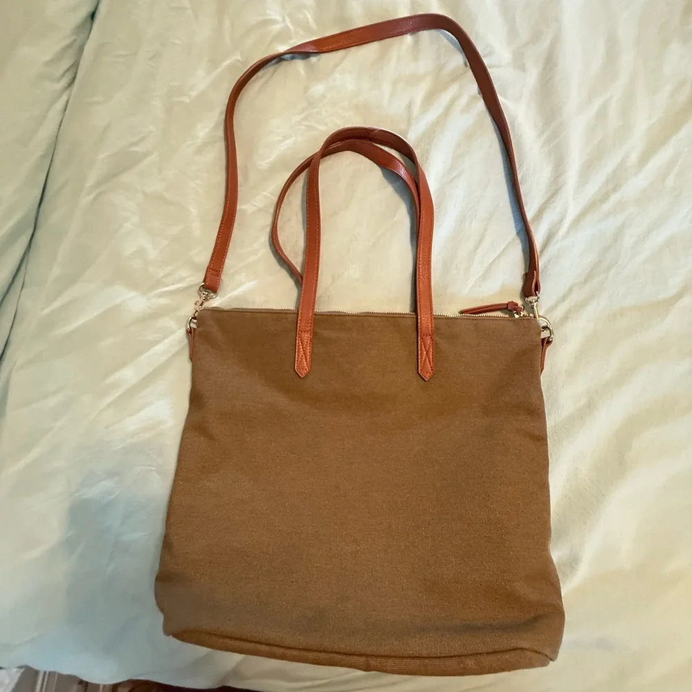 Olive Green Canvas Laptop Tote Bag Brown Shoulder Strap